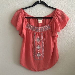 ✨Anthropologie✨ Coral Pink Embroidered Flutter Tee